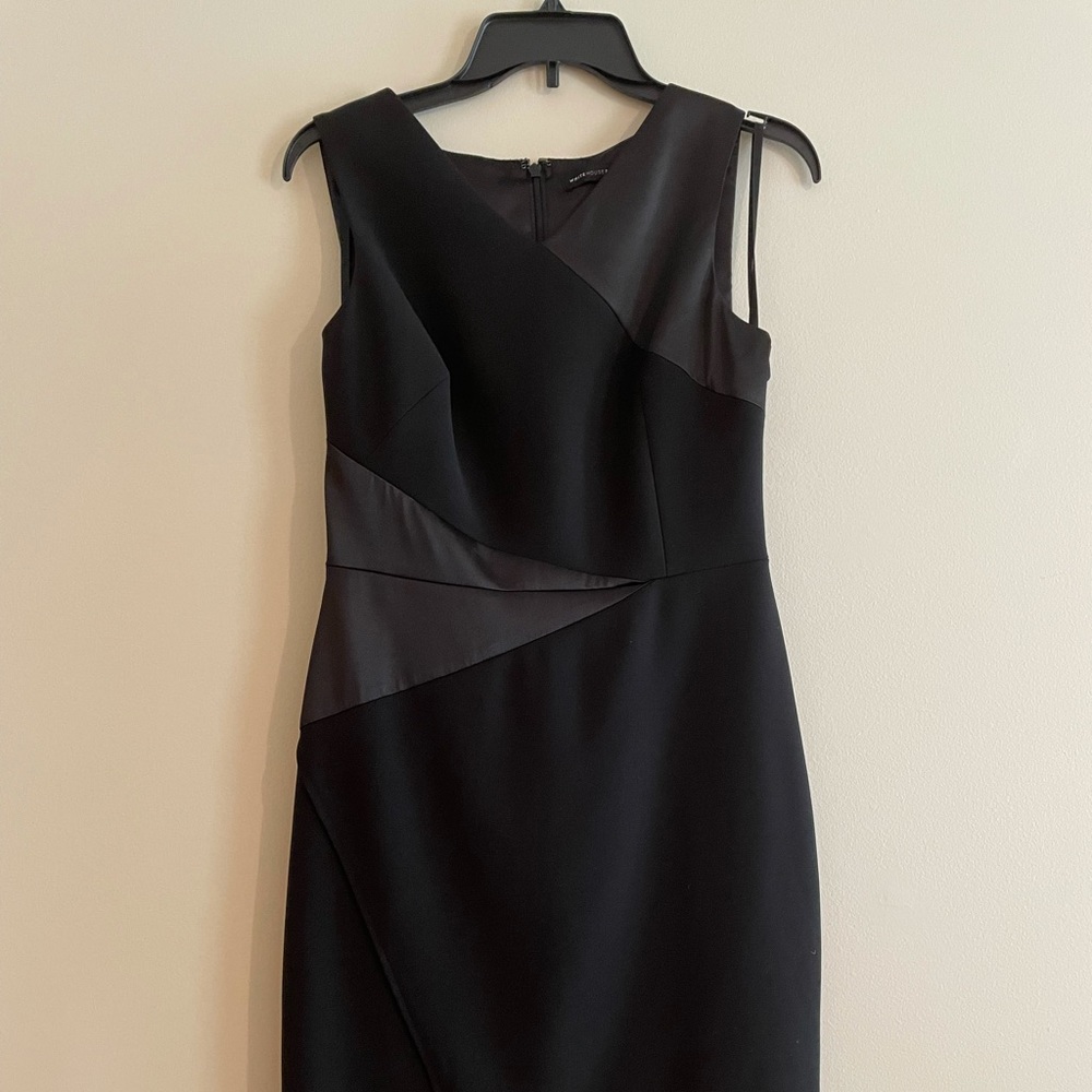 WHBM black party dress, asymmetric lines and hem, black satin accents